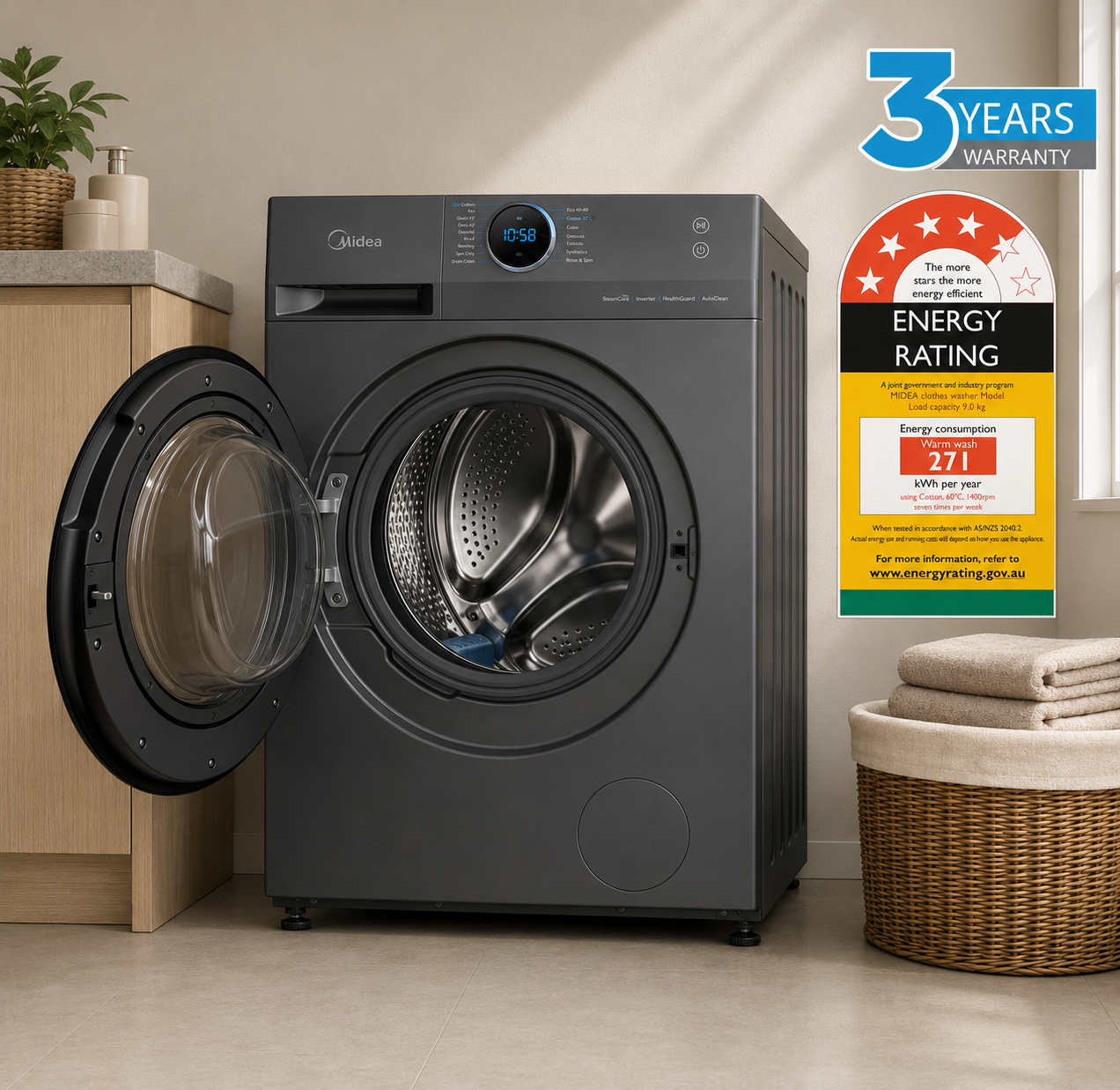 Midea 9KG Steam Wash Front Load Washing Machine with Wi-Fi - Titanium Colour