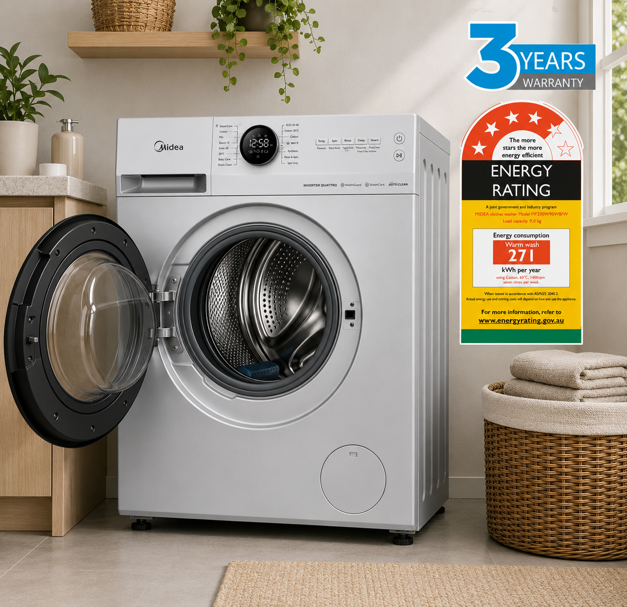Midea 9KG Steam Wash Front Loader Washing Machine With Wi-Fi - White Color